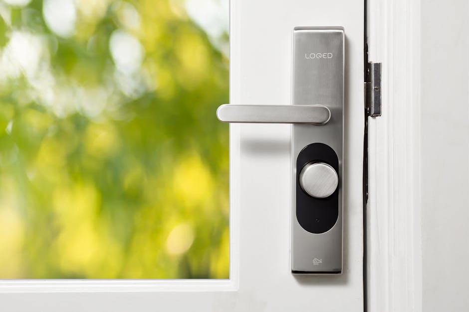 Serrure connectée moderne installée sur la porte blanche d'un logement, vue rapprochée